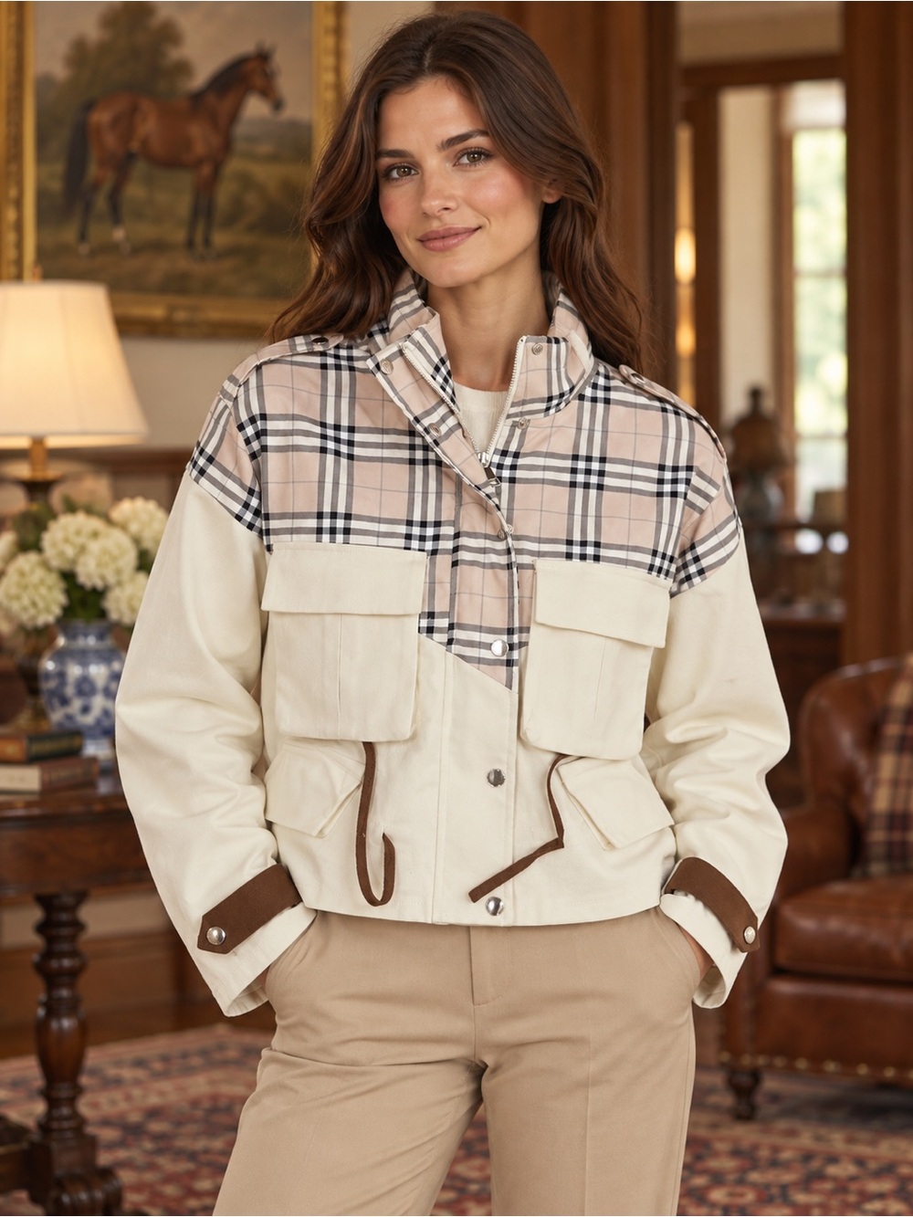 Plaid Colorblock Cropped Utility Jacket High Collar XL